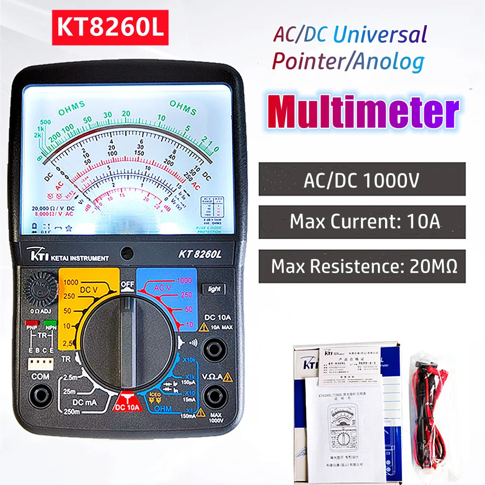

KT8260L High Precision Pointer Display Analog Multimeter AC/DC Voltage 1000V 10A 20MΩ Handheld Resistance Tester with Backlight