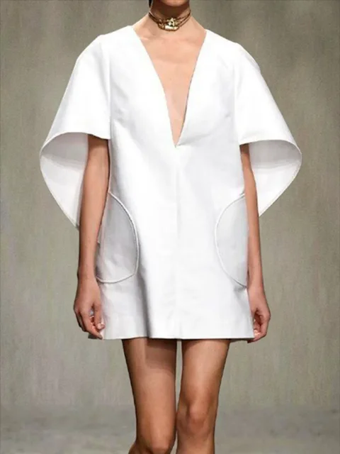 Yeezzi Fashion Black White Color Short Dress For Women 2025 New Spring Deep V-neck Half Sleeves Loose Prom Party Mini Dresses