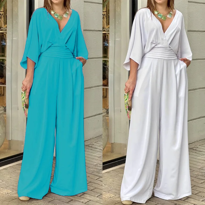 

Women Jumpsuit Summer Short Bat Sleeve V Neck Backless Nipped Waist Loose Wide Legs Casual Pants Romper High Streetwear