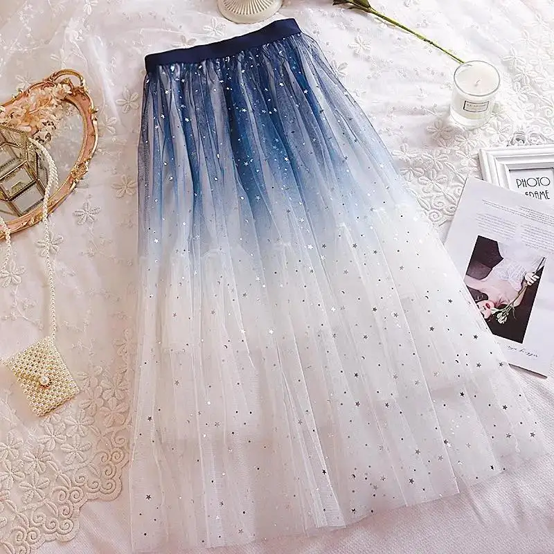 Skirts 2022 Summer Tulle Skirt Star Sequin skirt High Waist  long Skirt Pink White Evening Party Sexy Skirt Women falda sparkling skirt black skirt