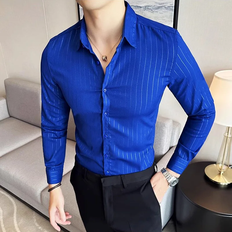 

Luxury Striped Shirts for Men Plus Size Business Casual Long Sleeved Mens Dress Shirt Fashion Party Social Male Clothing 4XL-M