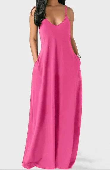 2024 AliExpress European and American Women's Cross border Summer New Product Solid Color Sexy Deep V Sling Dress 6