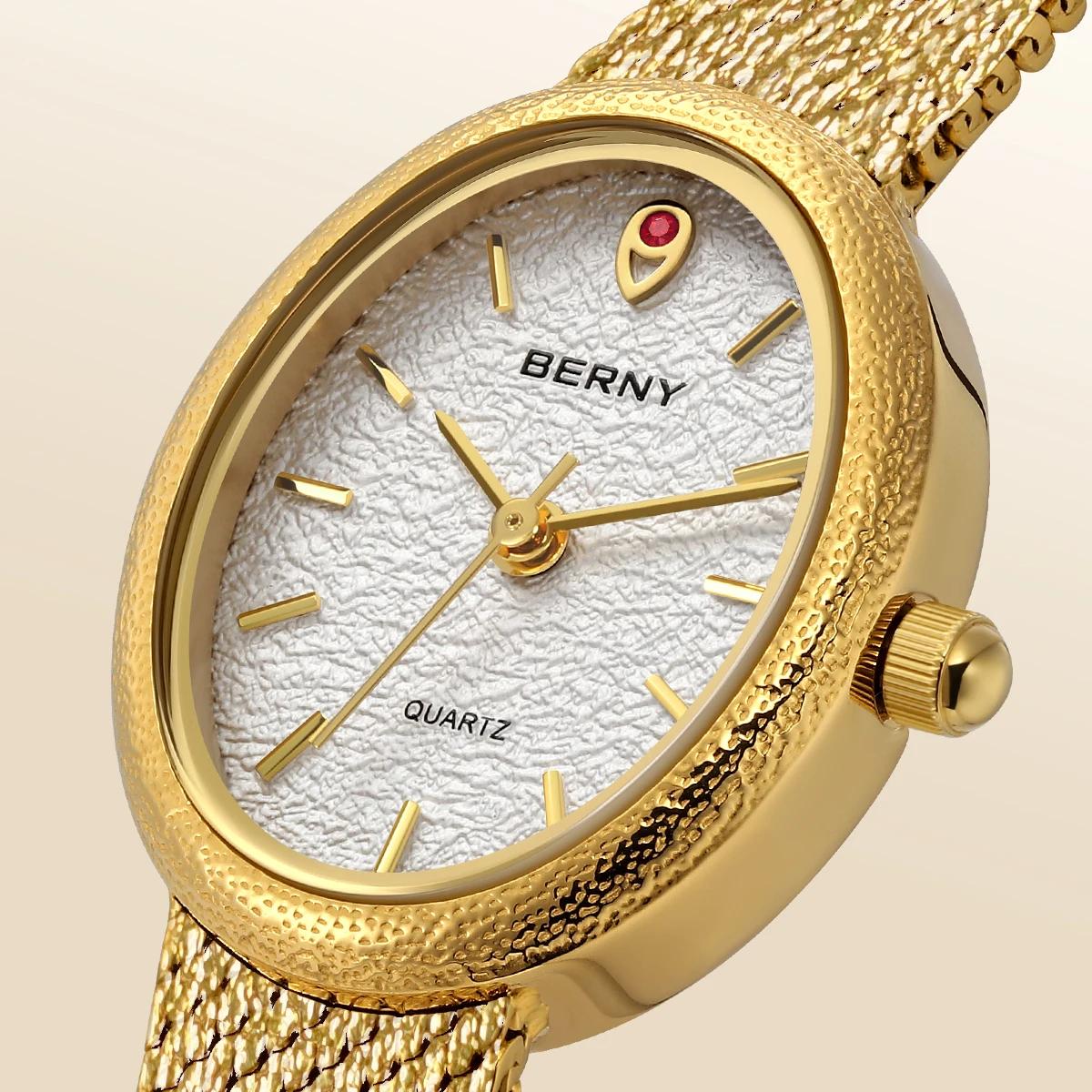BERNY Damenuhren, modisch, luxuriös, goldene Quarz-Armbanduhr für Damen, komplett aus Edelstahl, ovales Gehäuse, lässige Kleid-Armbanduhr – Detail 2