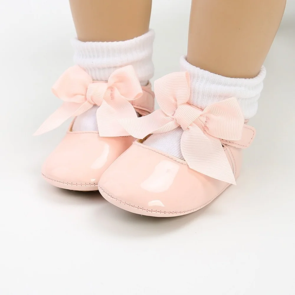 Baby Shoes Newborn Boy Girl Classic Bowknot Rubber Sole Anti-slip PU Dress First Walker Toddler Crib