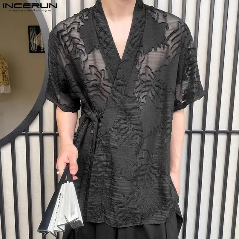 

INCERUN Tops 2024 Korean Style Men's Texture Jacquard Tie Design Shirts Summer Streetwear Male Short Sleeved V-neck Blouse S-5XL