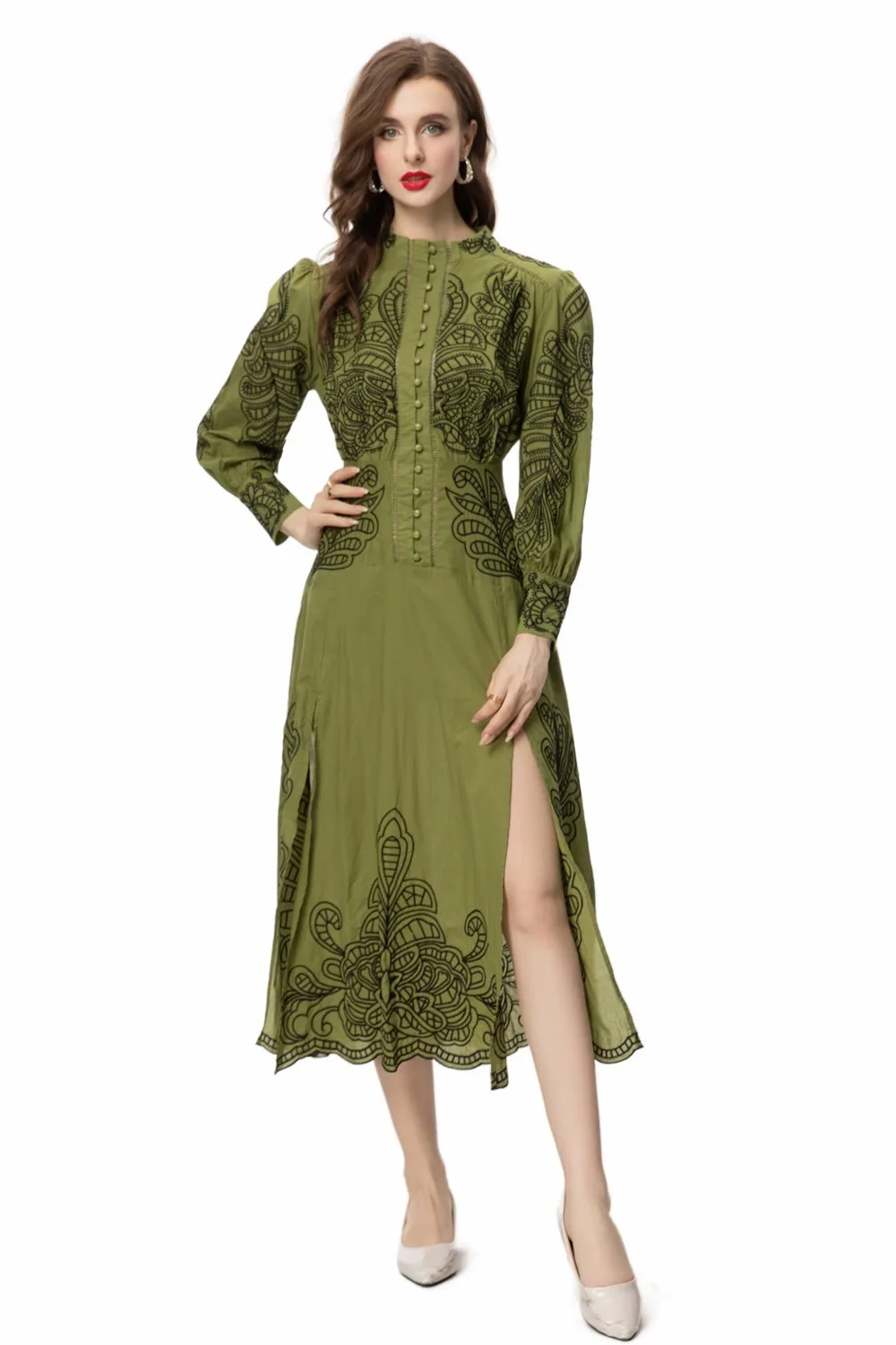 

Summer Dress Women's Stand Collar Lantern Sleeve Embroidery Vintage Slit Dresses Fashion Designer New