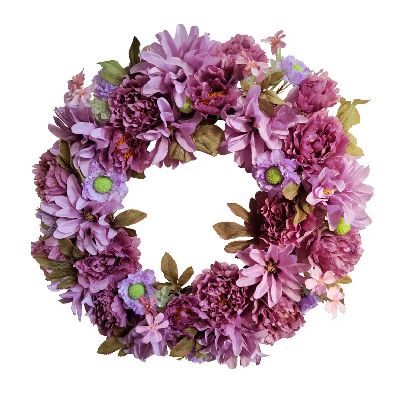 

56cm Purple Peony Flower Wreath Round Rattan Simulation Garland Artificial Silk Fake Flower Door Wall Window Wedding Party Decor