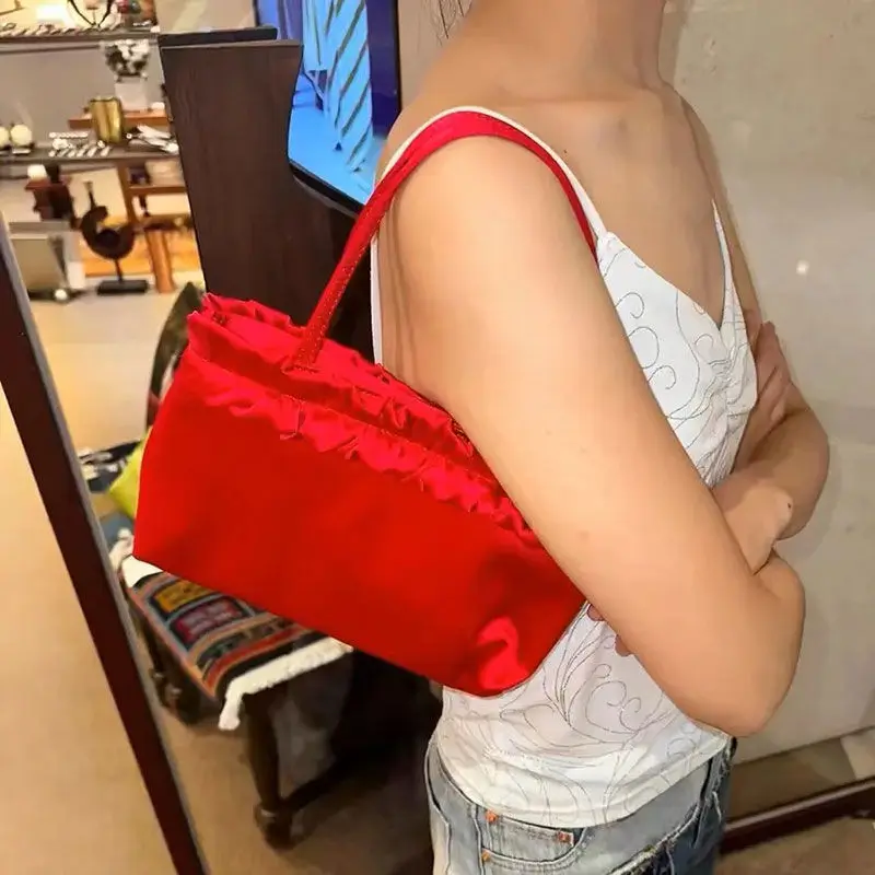 French Red  Ruched Lace Underarm Bag Large Capacity Handbag Tote Bags Women Commute Shoulder Bag