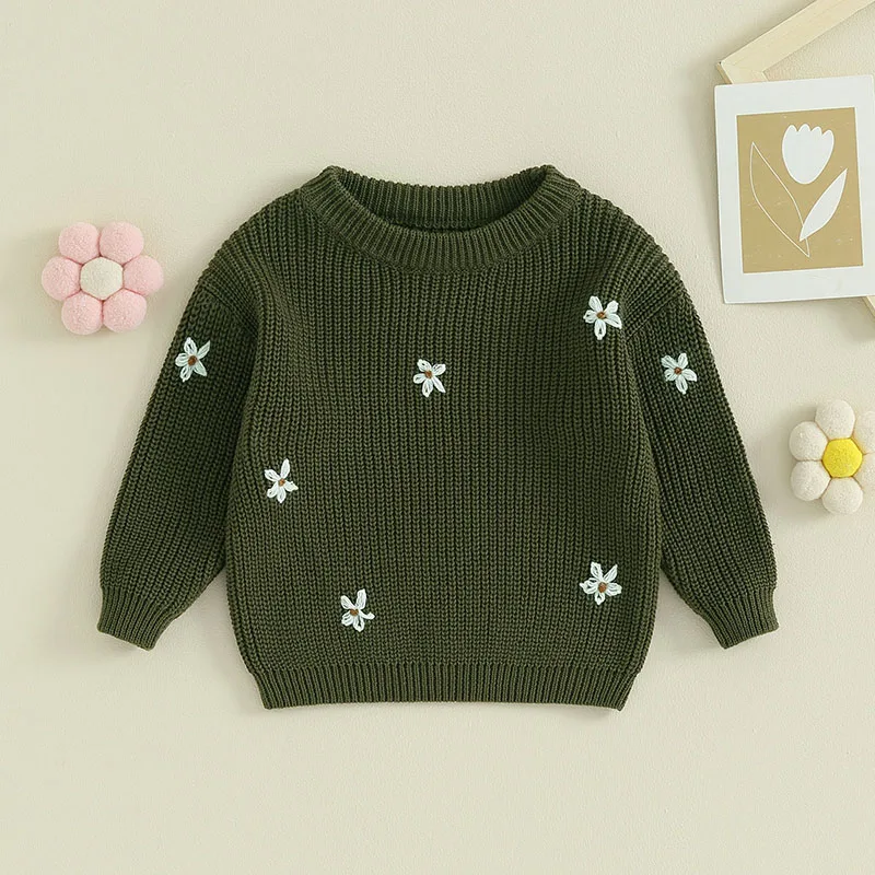 

0-5Y Baby Girl Cable Knit Sweater Long Sleeve Boho Floral Embroidery Oversized Sweatshirt Warm Fall Winter Knitwear Tops Clothes