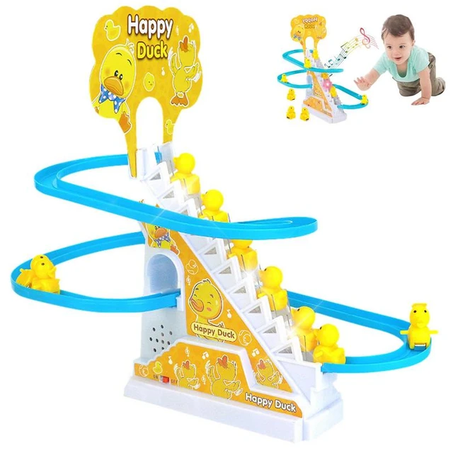 Small Electric Duck Climbing Stairs Toy With Flashing Lights And Music On Off Button