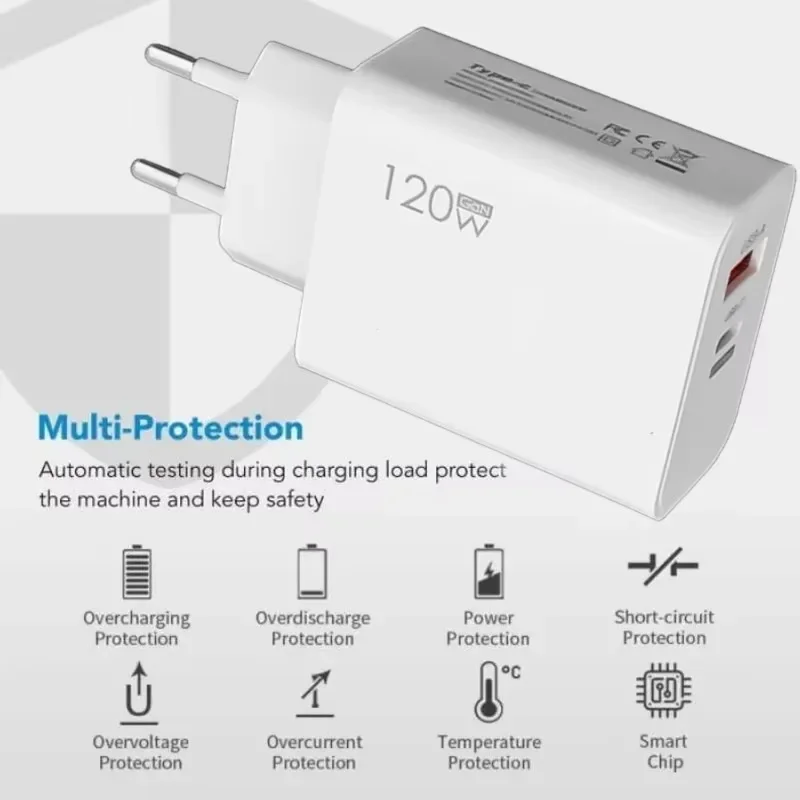 รูปสินค้า อะแดปเตอร์ชาร์จเร็ว 120W พร้อมสาย USB Type C PD รองรับการชาร์จเร็ว สำหรับ iPhone 17 16 15 Pro Xiaomi Samsung Oneplus Huawei