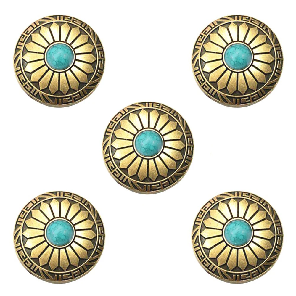 Set of 5 Decorative 30mm Plated Brass Sunflower Carved Green Turquoise Conchos for Leathercraft and Accessories