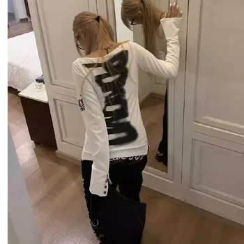 American Retro Print T-shirt Women Long Sleeve Button Graphic Slash Neck Tops Y2K Tops 2000s Japanese Grunge Tops E-girls Autumn 1
