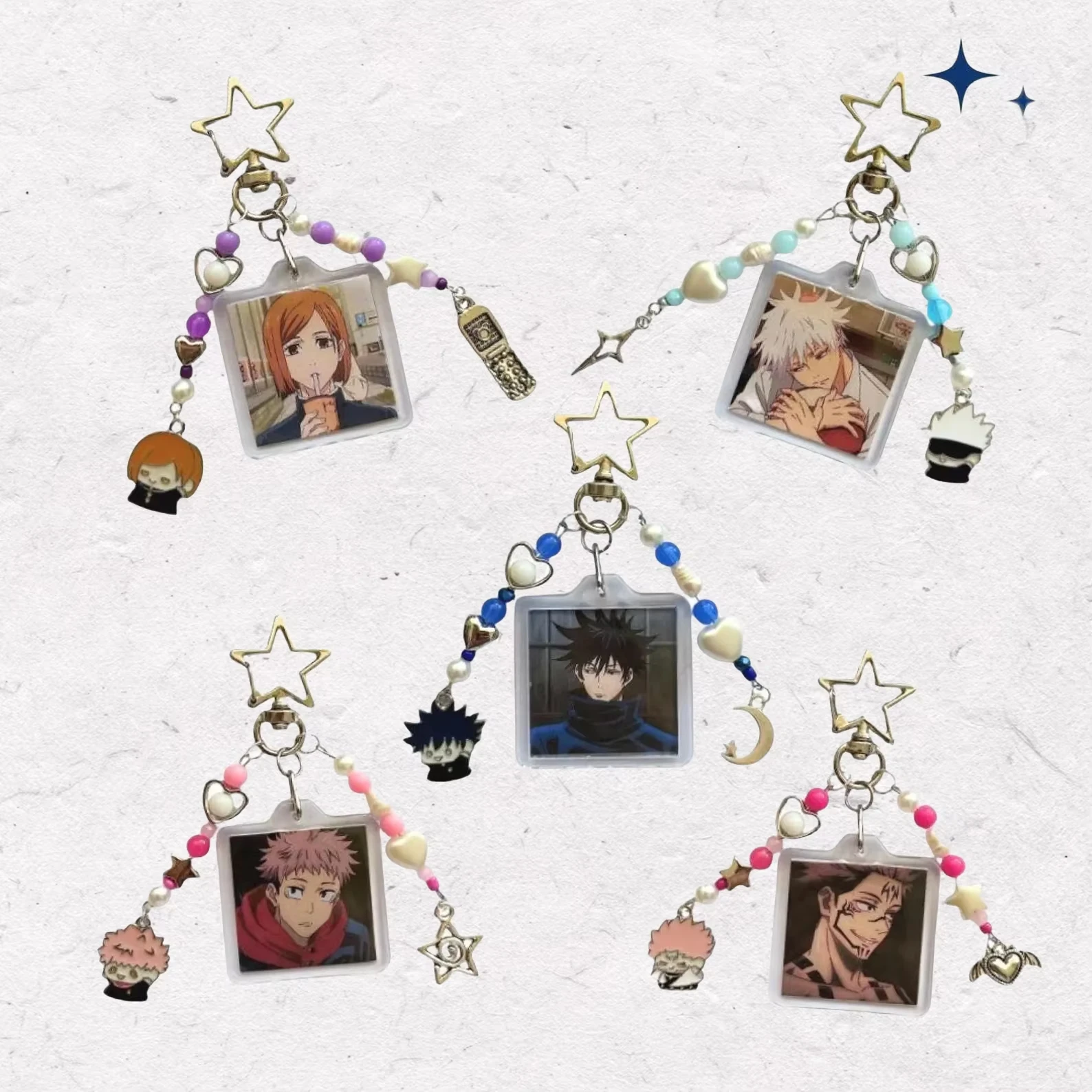 Niedlicher JJK-Schlüsselanhänger, inspiriert von Anime-Charakteren Gojo, Itadori, Megumi, Nobara & Sukuna, handgefertigter Perlen-Schlüsselanhänger, Rucksack-Accessoires – Detail 1