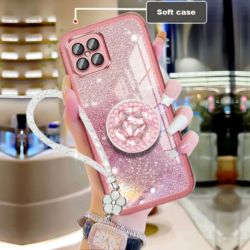 2022 Bling Glitter Lanyard Diamond Holder For Honor x8 4G 90 Lite Pro Phone Case X 8 Silicone Cover with Rope_voghion.com