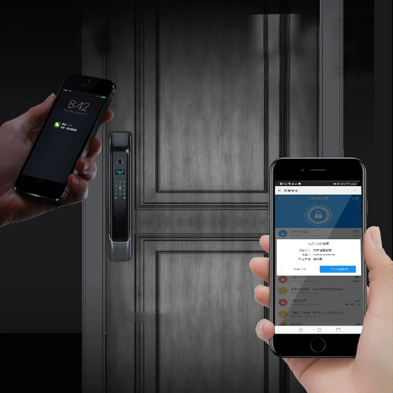 Serrure intelligente installée sur une porte, contrôlée via deux smartphones affichant des notifications et l'application de gestion de la serrure