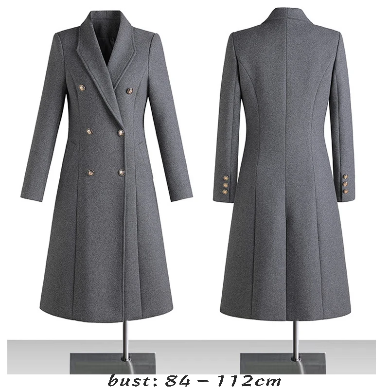 High quality wool blend long trench coat for women big size double breasted new winter 2023 elegant clothes - black grey blue