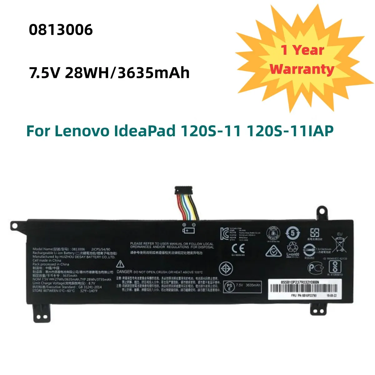 

Laptop Battery 0813006 7.5V 28WH/3635mAh 5B10P18554 5B10P23790 BSNO485490 For IdeaPad 120S-11 120S-11IAP Series Notebook