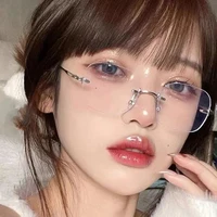 seemfly Blue Light Blocking Rimless Myopia Glasses Women Metal Frame Transparent Glasses Eyeglasses Nearsighted -1.0 To -4.0 1