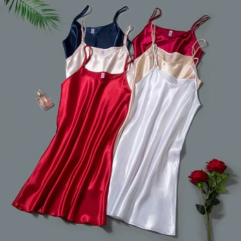 Women's Sexy Silk Satin Night Dress Sleeveless Nighties V-neck Nightgown Nightdress Plus Size Sleepwear Nightwear