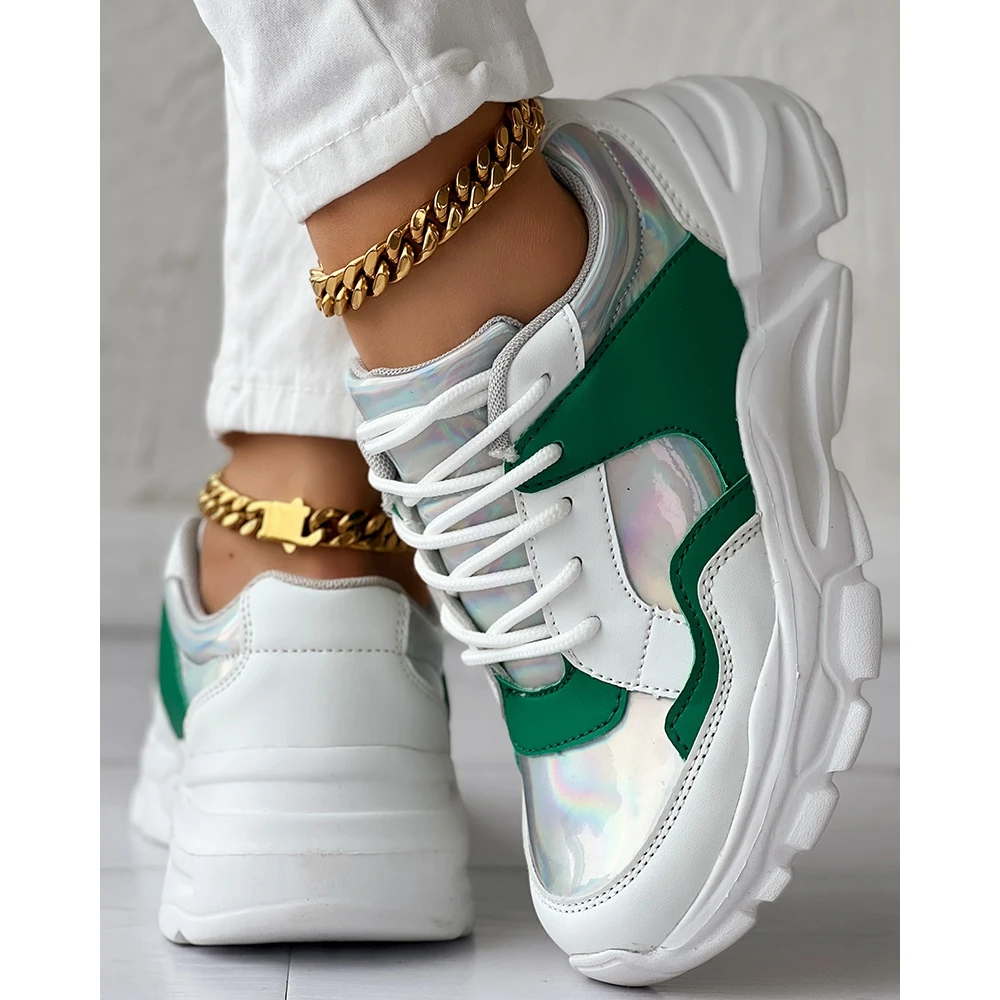 Fashion Women Colorblock Lace-up Sneakers Daily Casual Round Toe Platform Sports Shoes Spring Fashion Going Out Shoes Low Price