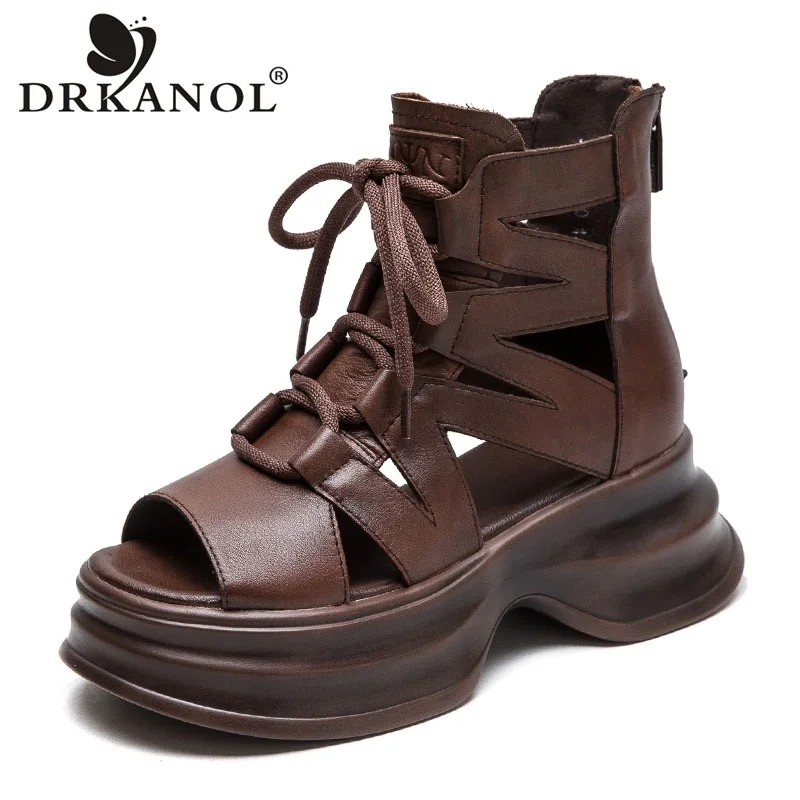 

DRKANOL 2024 Women Gladiator Sandals Summer Hollow Out Genuine Leather Open Toed Thick Heel Platform Back Zipper Cool Boots Lady