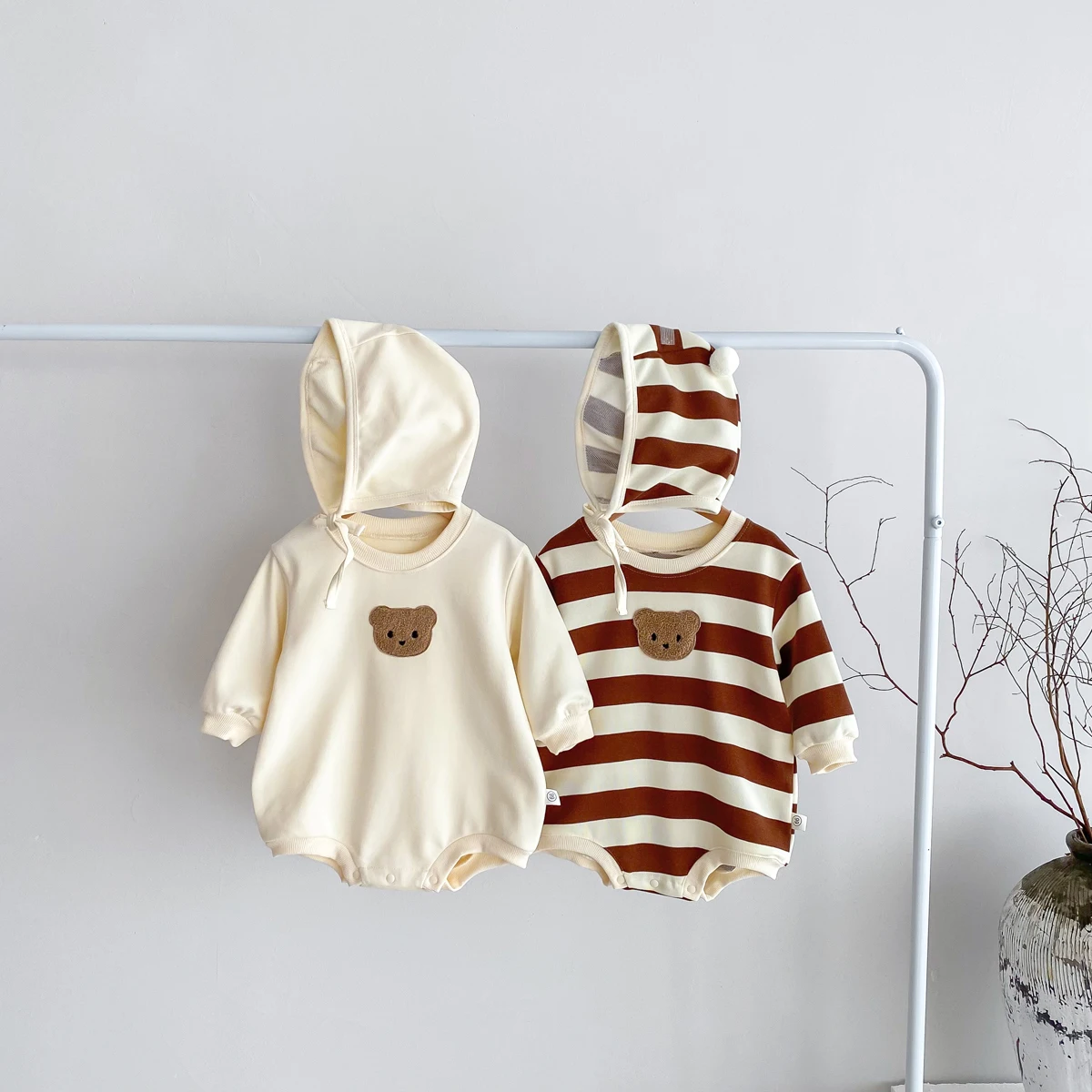 FLM Baby Romper Long Sleeved Bear Pattern + Hat Stripe Toddler Boy  Jumpsuit Baby Clothes 0-24M 3