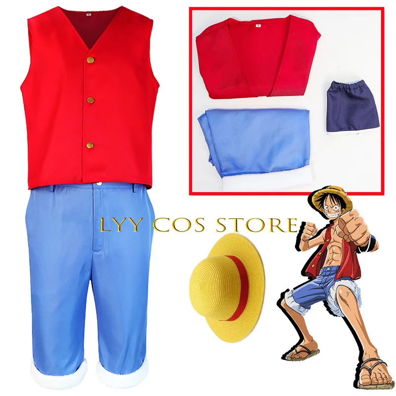 

Anime Cosplay Luffy Costume Red Vest Pants Hat Uniform Set Halloween Party Outfit for Adult