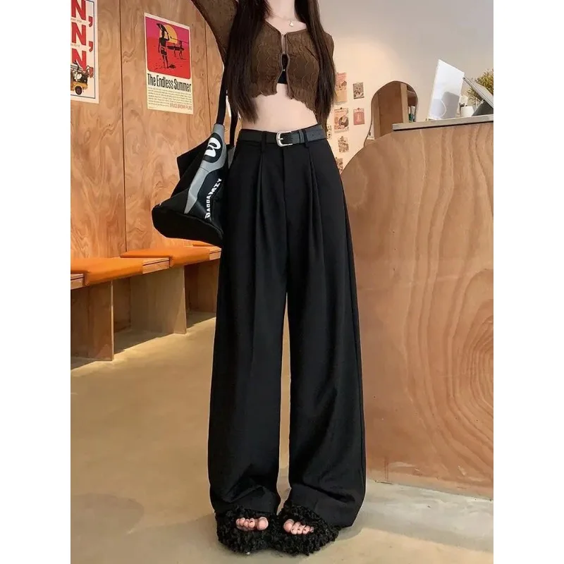 QWEEK Vintage Baggy Gray Suits Pants Woman Oversized Office Ladies Casual Korean Fashion Wide Leg Trousers High Waist Summer