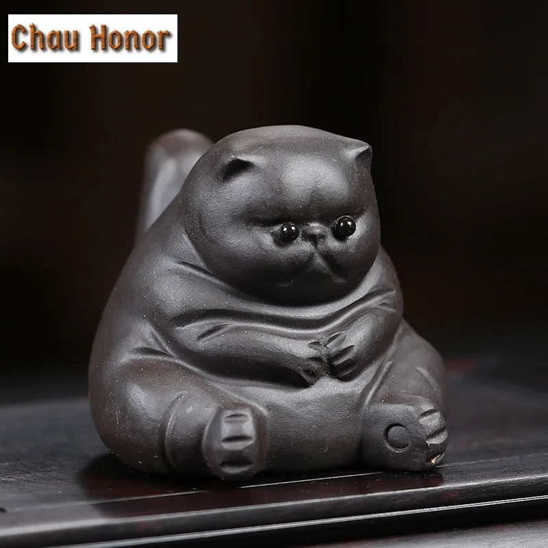 Yixing Purple Clay Tea Pet Lovely Fat Cat  Statue Ornaments Tea Figurine Desktop Crafts Chinese Raw Ore Zisha Tea Set Decoration