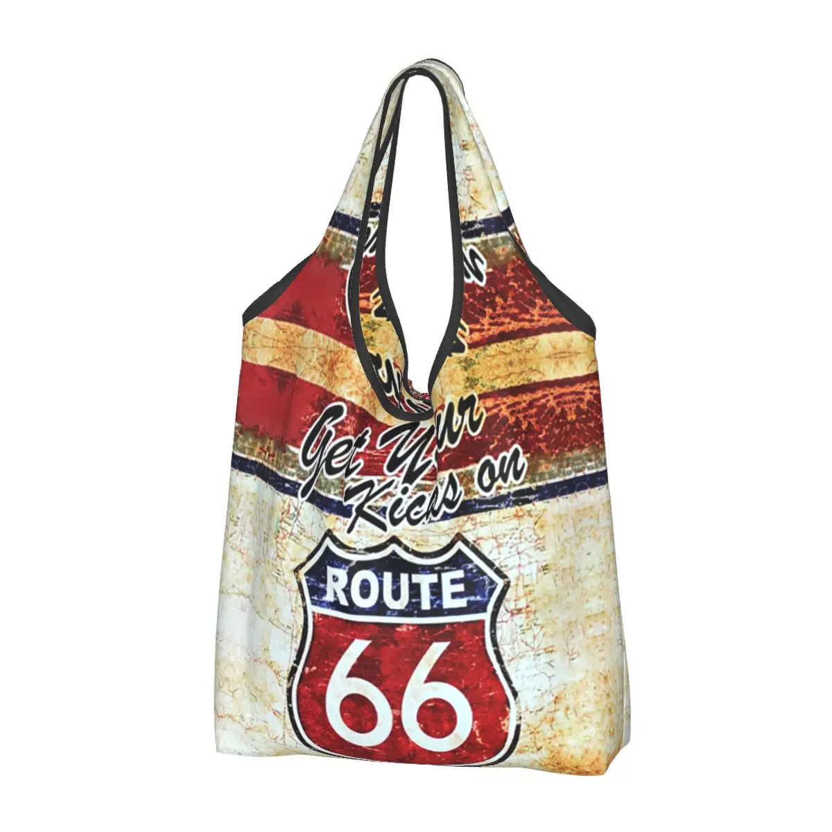 

Vintage Route 66 Grocery Shopping Bag Funny Shopper Tote Shoulder Bag Large Capacity Portable American Road Handbag