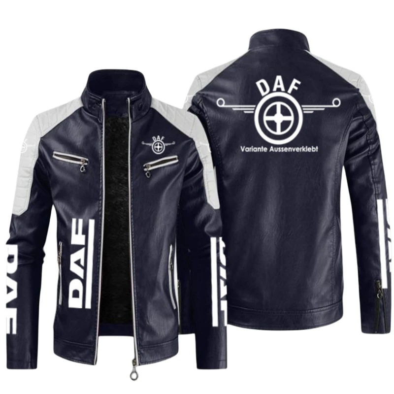 

Autumn Brand New Causal Vintage Leather DAF logo Jacket Coat Men Spring Outfit Design Motor Biker Pocket PU Leather Jacket Men