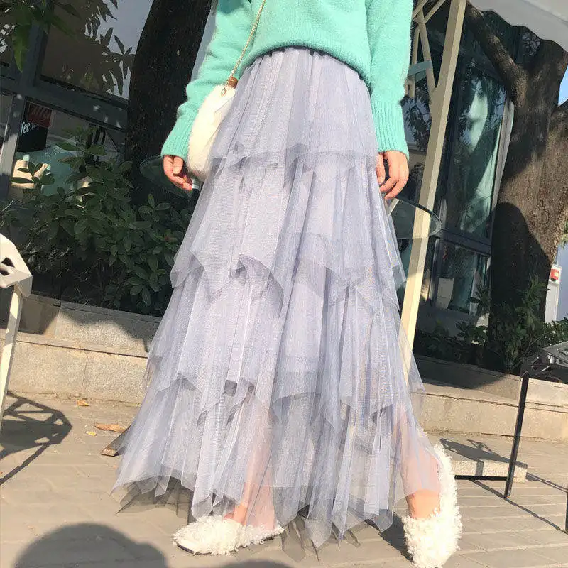 

Multi Layer Irregular Sweet Long Tulle Skirt Women Spring Summer Womens Clothing Students Boho Maxi Mesh White Black Skirt C8133
