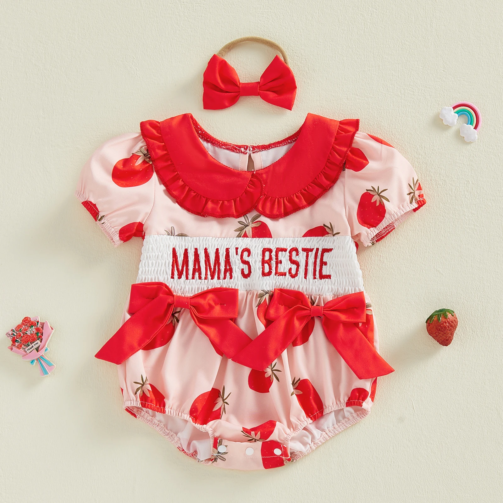 Infant Girl Floral Print Ruffle Sleeve Romper Jumpsuit Newborn Summer Bodysuit Playsuit with Bow Headband Set
