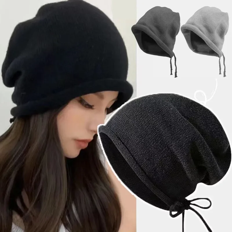 

Japanese Rolled Edge Pullover Hat Pile Up Cap Cold-proof Large Head Circumference Drawstring Adjustable Women's Bonnet Wool Knit