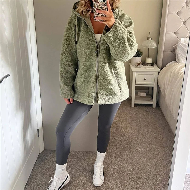 

Woman Casual Green Loose Lambhair Hooded Jacket 2023 Winter Girls Solid Thick Hoodies Female Oversized Warm Zipper Jackets