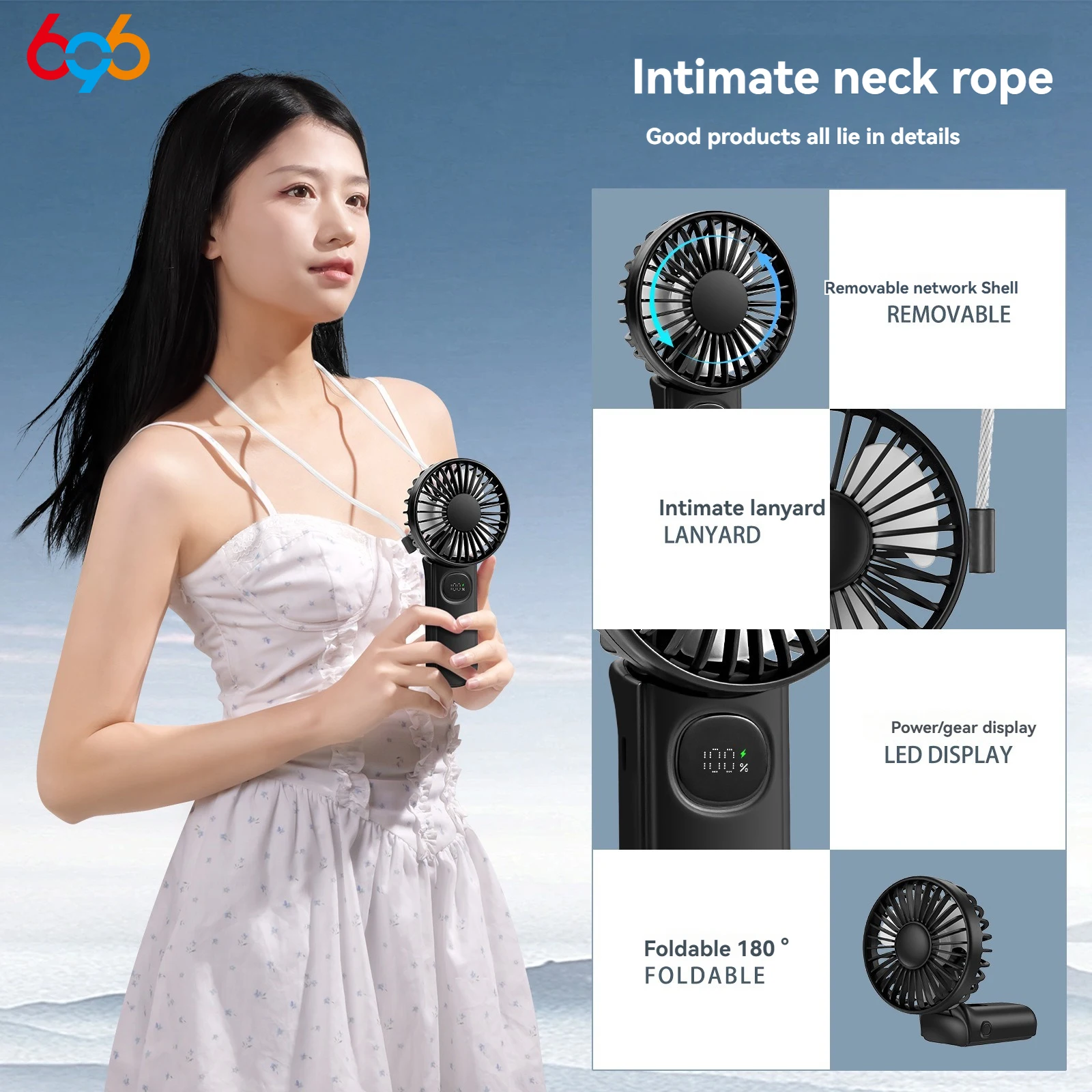 5 speed Adjustable Portable Neck Hanging Fan Removable 2400mah Battery Strong Wind Handheld Fan 180 &deg; Fold LED Light Displaying