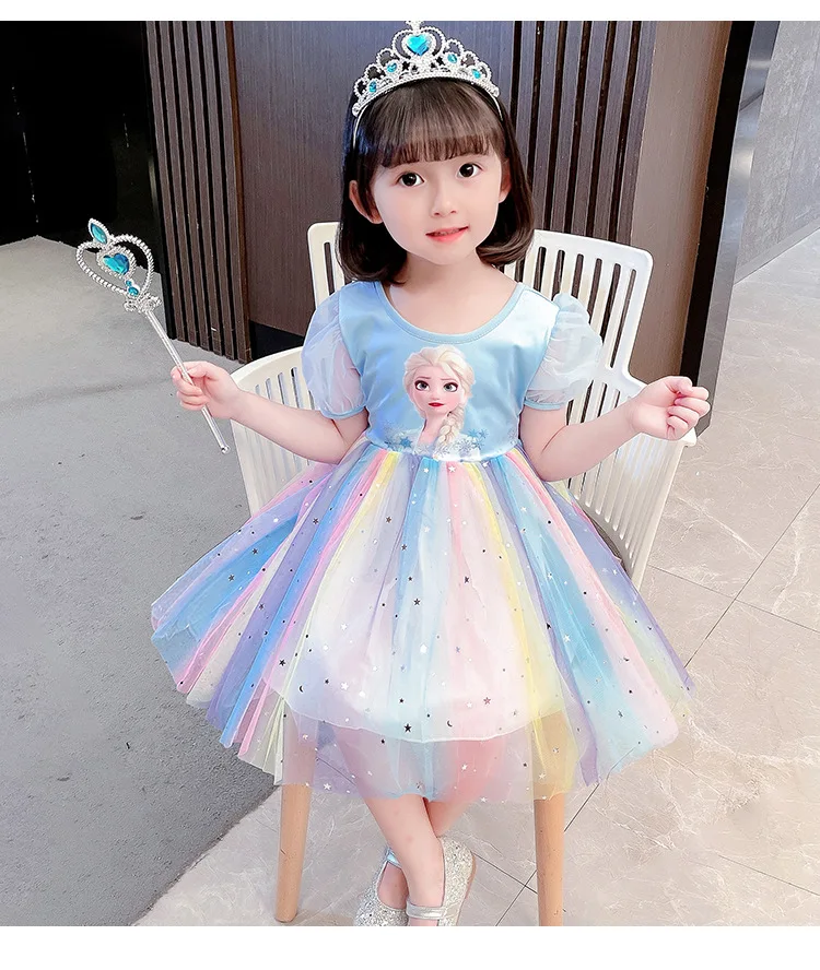 Girls Aisha Princess Dress Frozen Summer Children Rainbow Short Sleeve Dresses Baby Girl Cartoon New Fashion Elsa Clothing western dress