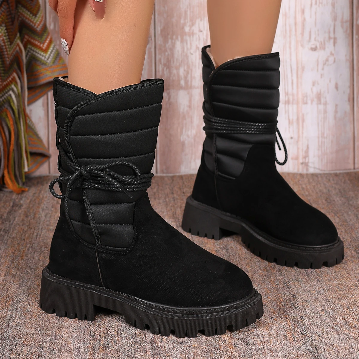 APHIXTA New Winter Plush Snow Boots Woman Flannel Thick Sole Shoes Women Mid-Calf Boots Lace Up  Women's Boots Plus Size 43