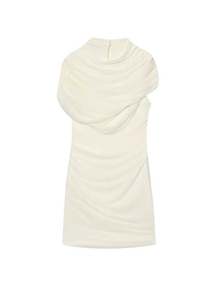  Fashion Women New Mini Dress Summer Solid Elegant Temperament Tierred Decoration Mesh Spliced Sleeveless Pleated Short Dresses