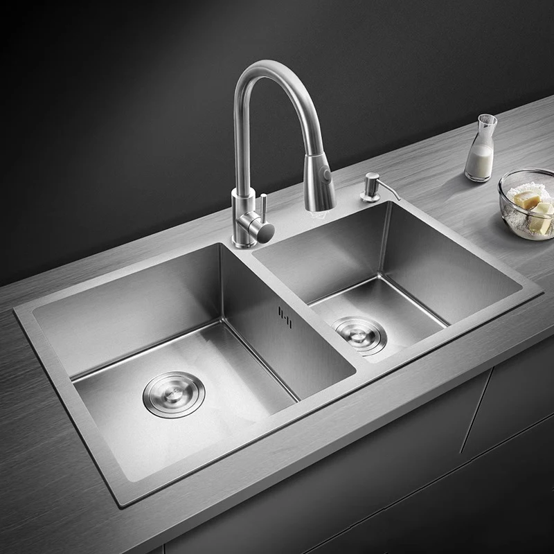 Stainless Steel Kitchen Sink Large Double Bowl Household Dish & Vegetable Wash Basin Undermount Basin