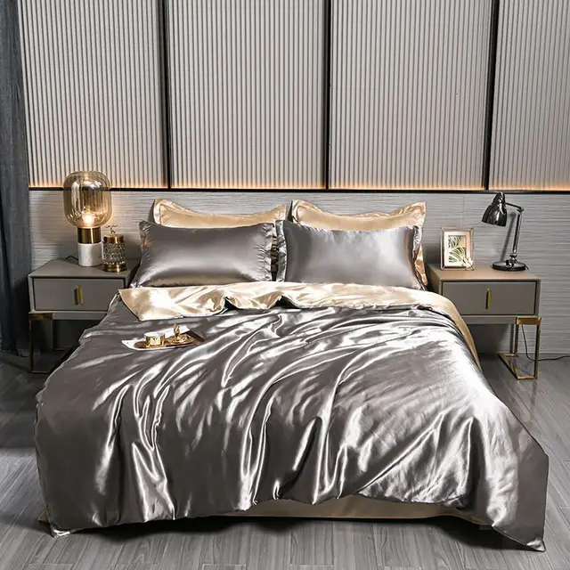 Ensemble de housse d'injathlon mûrier naturel, mélange de luxe, drap-housse, satin haut de gamme, soyeux, king size, parure de lit queen size 4
