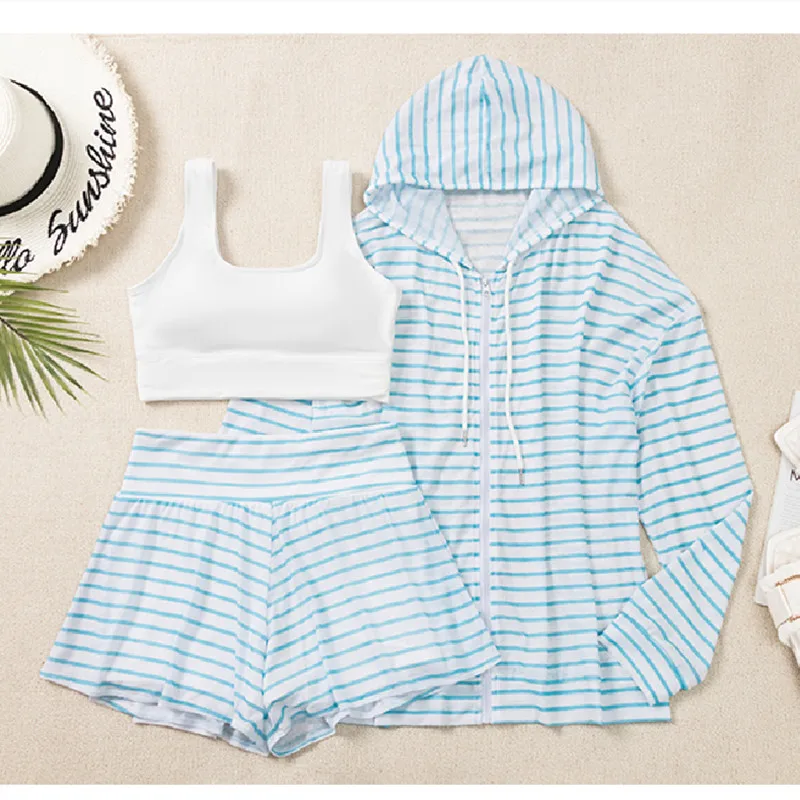 Zestaw Bikini Plus Size Damskie Stroje Kąpielowe 3-częściowe Narzutki Plażowe Damskie Dół Górki Koszula z Długim Rękawem Chroniąca Przed Słońcem