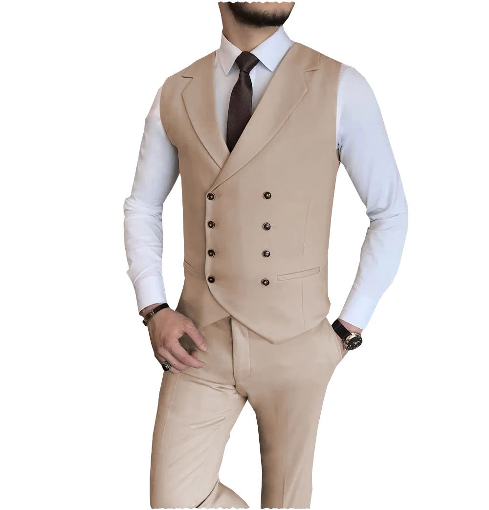 Black Men Vest Notch Lapel Double Breast Waistcoat Fashion Boutique Casual Business Groom Wedding Tuxedo Dress（Vest+Pants）