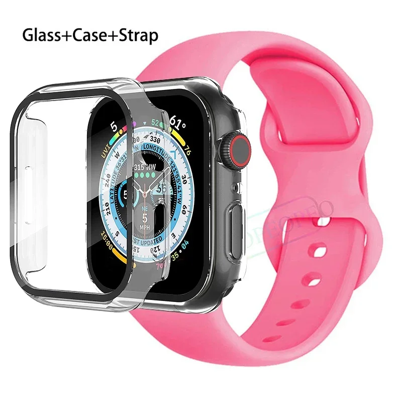 Premium Silicone Apple Watch Band with Glass Case and Strap - Compatible with All Series