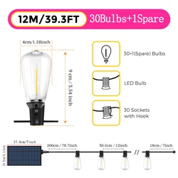 Solar String Lights with Remote - Shatterproof LED Bulbs & 8 Illumination Modes for Outdoor Garden Parties (12m 30bulbs)
