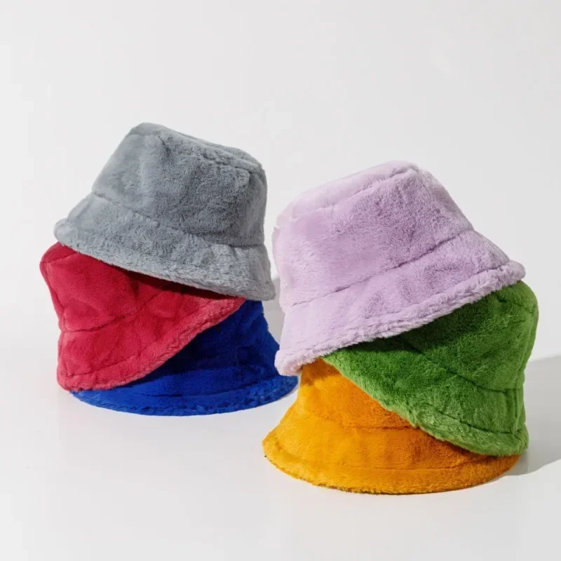 Women Bucket Hat Rabbit Plush Fisherman Style Colorful Warm Windproof Cold-proof Wide Brim For Winter
