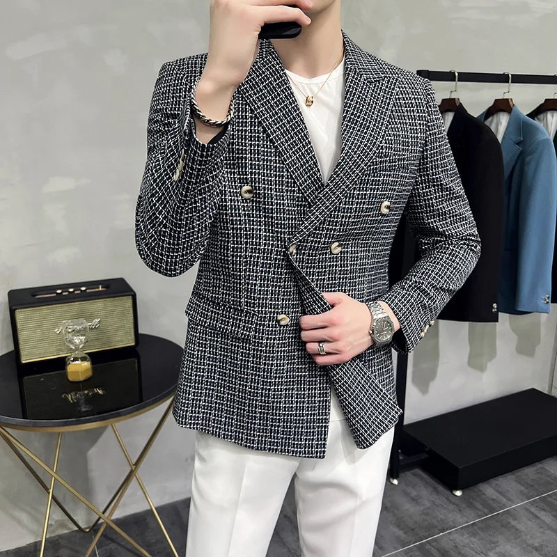 

2023 Brand clothing Men's High Quality Double-Breasted Business Suit/Male Slim Fit Plaid Leisure Blazers/Man Plaid Jackets Coat