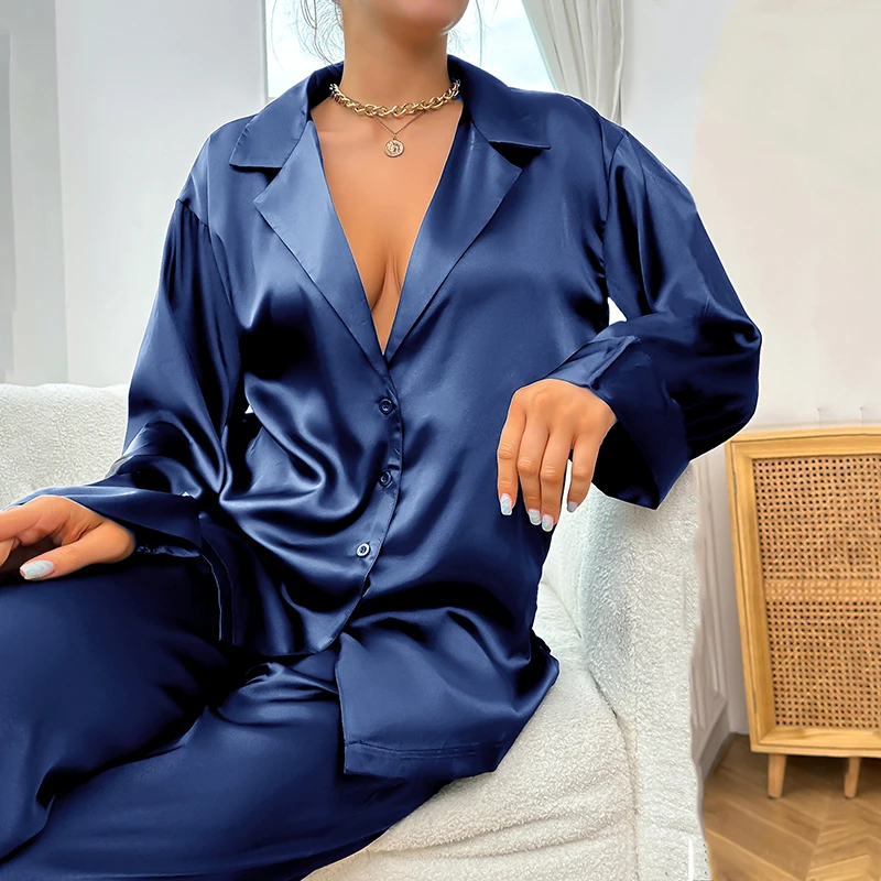 Women's Satin Silk Sleepwear Low Cut Sexy Home Clothes Pajamas For Femme Single-Breasted Long Sleeves Wide Leg Pants Trouser Set women pajamas set women pajama suit