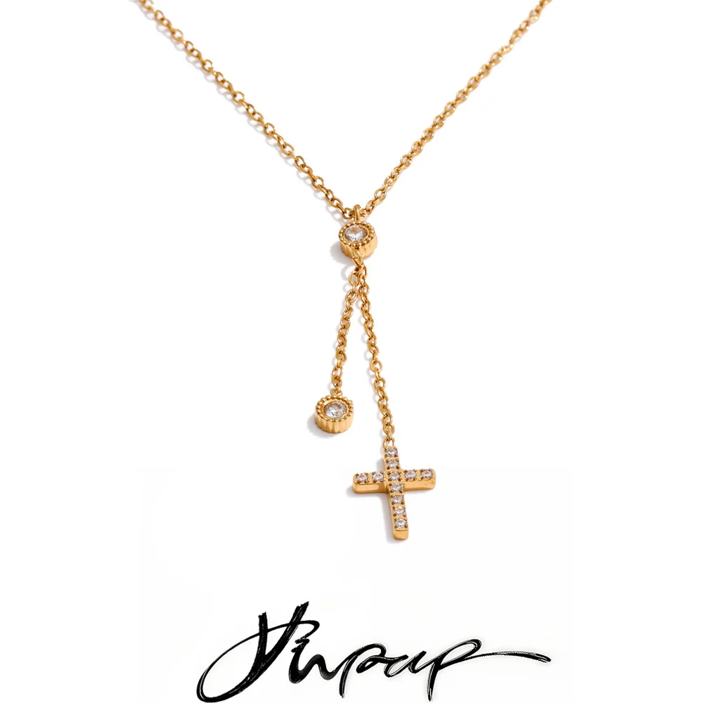 Yhpup CNC Cubic Zirconia Cross Extend Chain Drop Necklace
